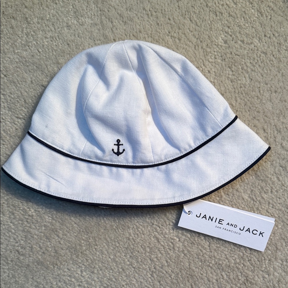 Janie and Jack White Bucket Hat with Navy Anchor Trim